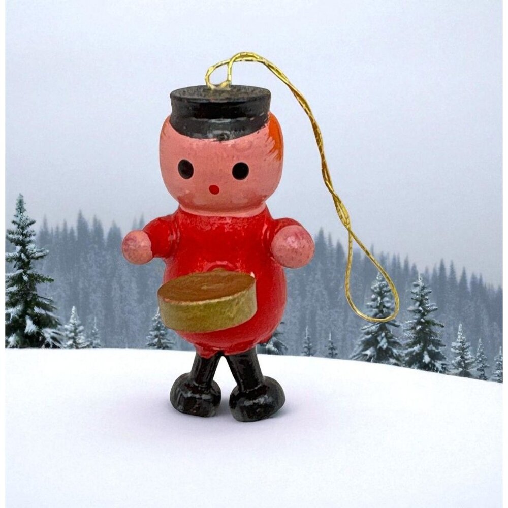 Vintage Wood Drummer Boy Christmas Tree Ornament Hand Painted Musician Band